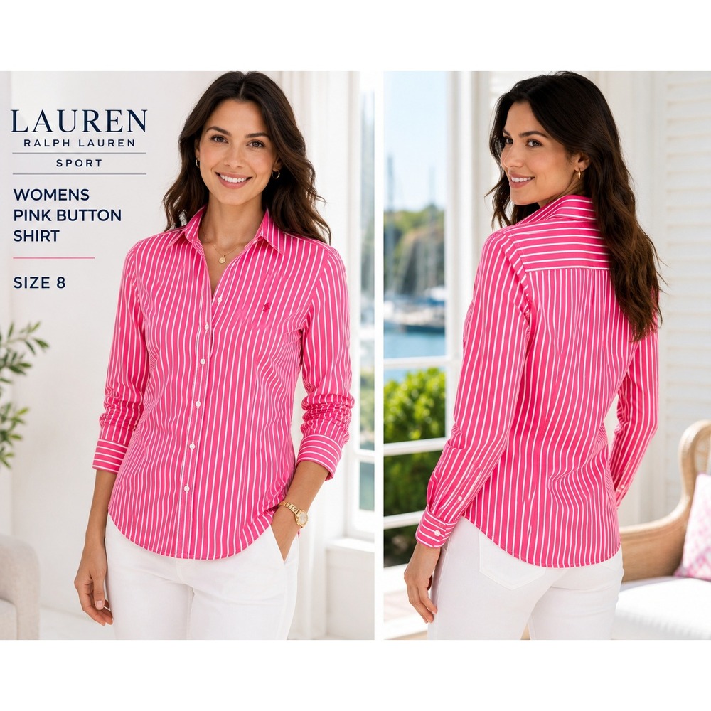 Ralph Lauren Sport Womens Sz 8 Pink White Stripe Button Down Shirt Cotton #1863